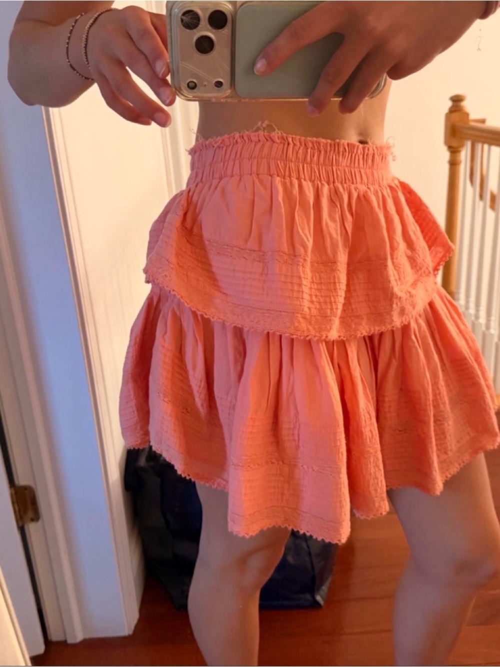 LoveShackFancy Coral Pink Tiered Skirt with Smocked Waist